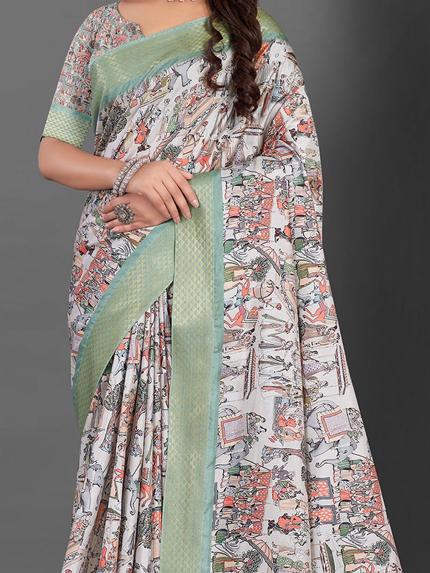 Women's Manipuri Silk Off White Printed Designer Saree With Blouse Piece