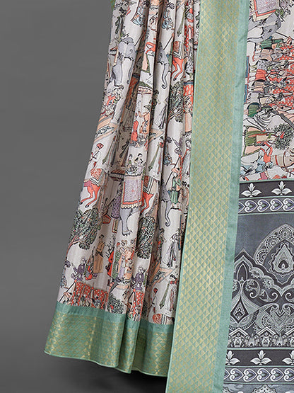 Women's Manipuri Silk Off White Printed Designer Saree With Blouse Piece