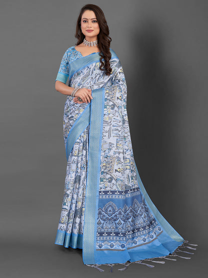 Women's Manipuri Silk Blue Printed Designer Saree With Blouse Piece