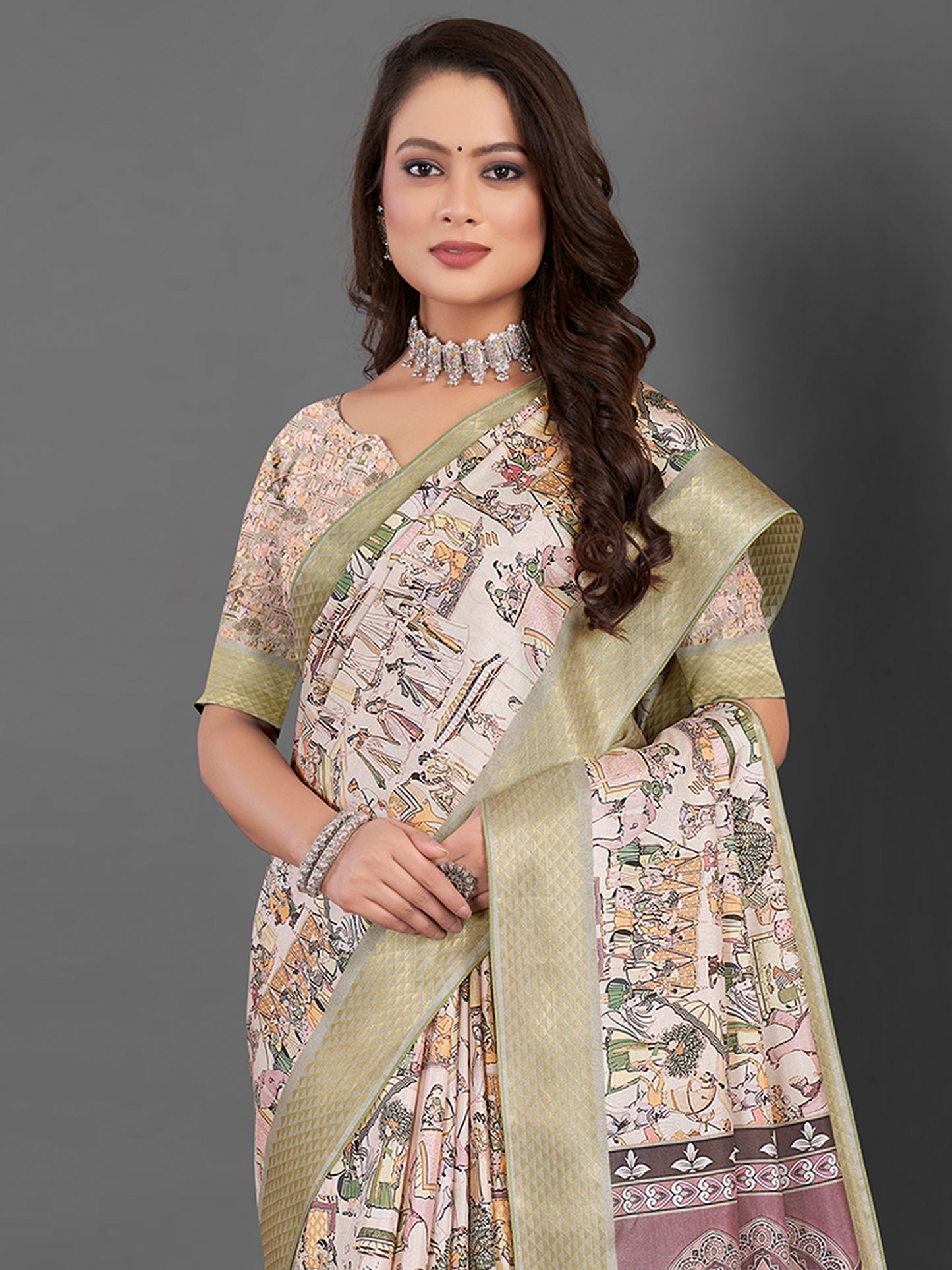 Women's Manipuri Silk Beige Printed Designer Saree With Blouse Piece