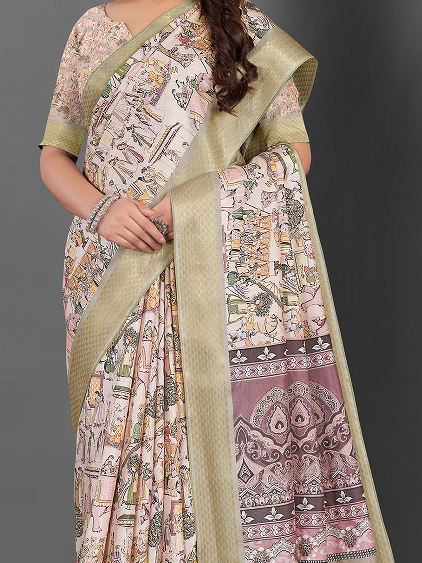 Women's Manipuri Silk Beige Printed Designer Saree With Blouse Piece