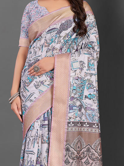 Women's Manipuri Silk Off White Printed Designer Saree With Blouse Piece