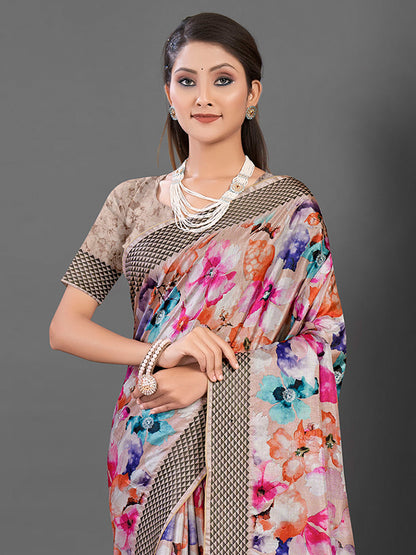 Women's Manipuri Silk Beige Printed Designer Saree With Blouse Piece