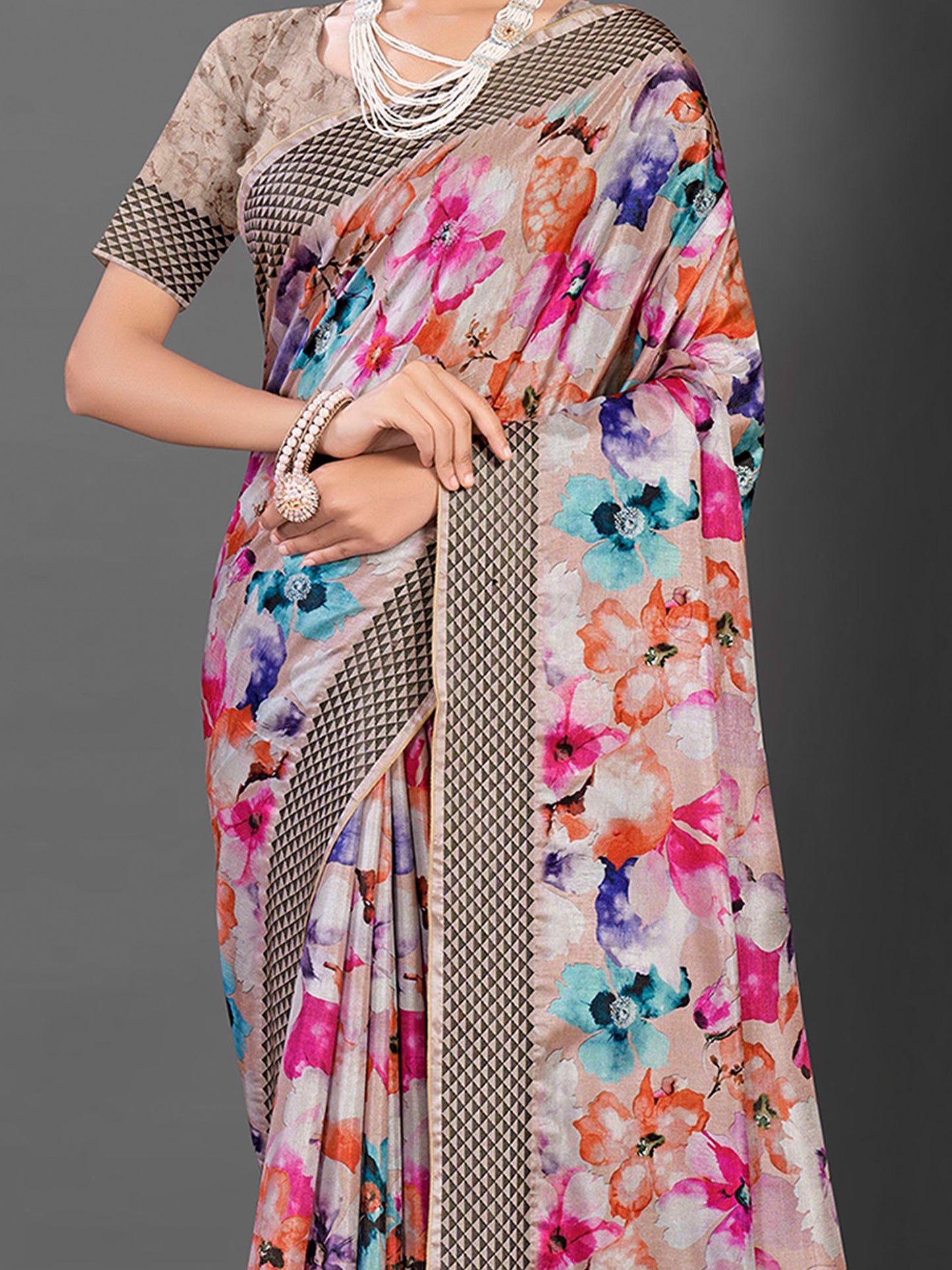 Women's Manipuri Silk Beige Printed Designer Saree With Blouse Piece