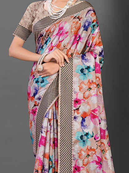 Women's Manipuri Silk Beige Printed Designer Saree With Blouse Piece