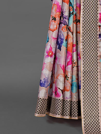 Women's Manipuri Silk Beige Printed Designer Saree With Blouse Piece