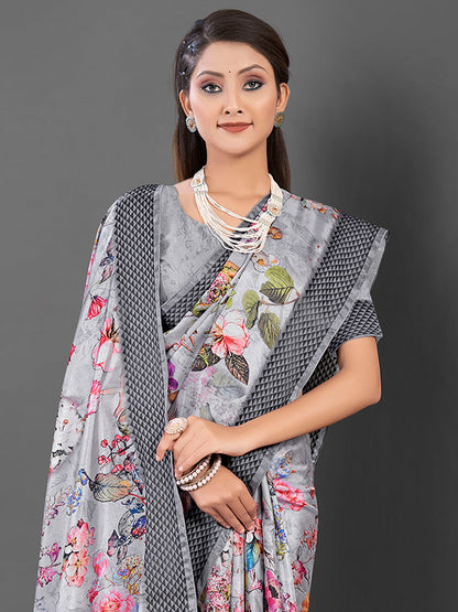 Women's Manipuri Silk Grey Printed Designer Saree With Blouse Piece