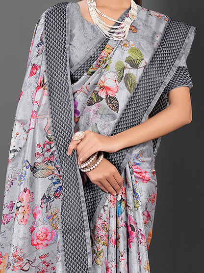 Women's Manipuri Silk Grey Printed Designer Saree With Blouse Piece