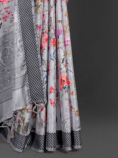 Women's Manipuri Silk Grey Printed Designer Saree With Blouse Piece
