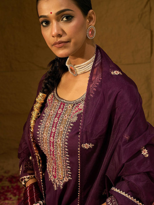 Dhiyona IE Burgundy Floral Embroidered Straight Kurta with Trousers & Dupatta