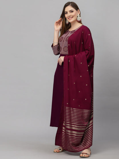 Women Purple Printed Cotton Blend Kurta And Pant Set