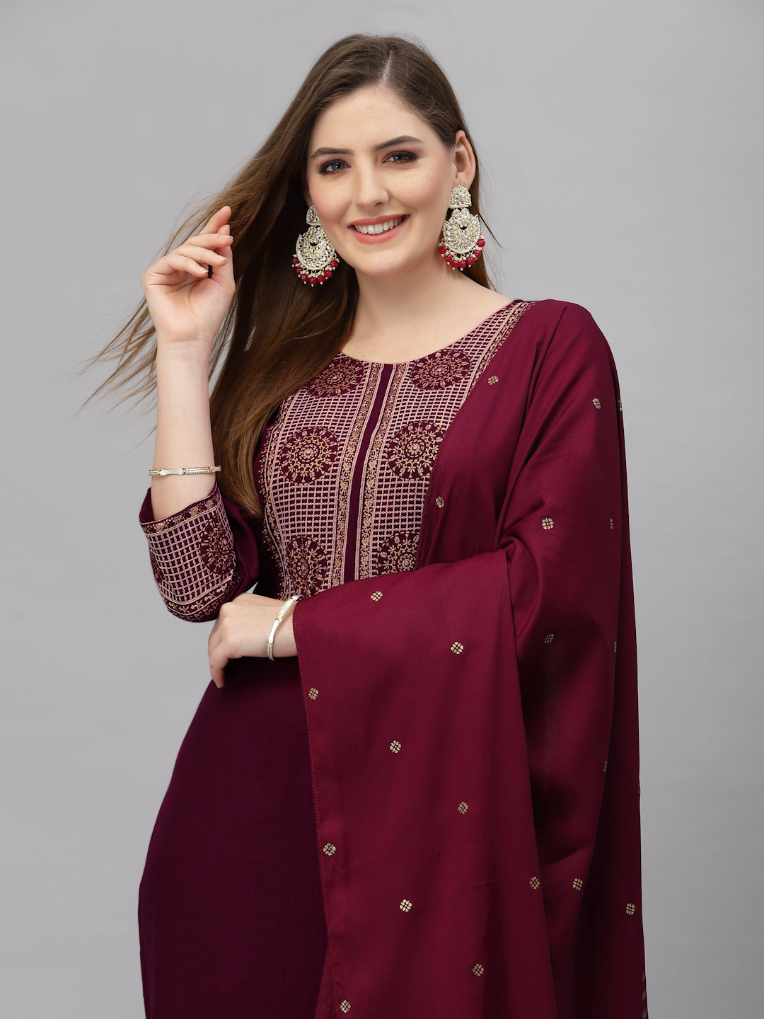 Women Purple Printed Cotton Blend Kurta And Pant Set
