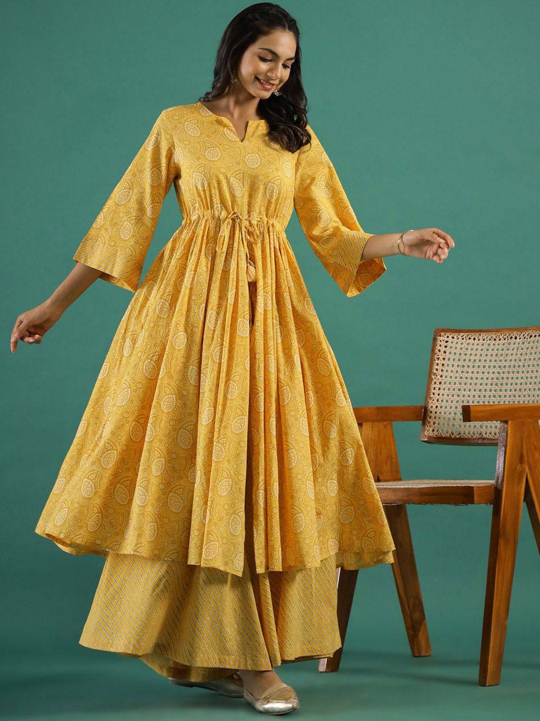 Dhiyona SN Women's Yellow Bandhani Printed Notch Neck Empire Anarkali Pure Cotton Kurta With Palazzos