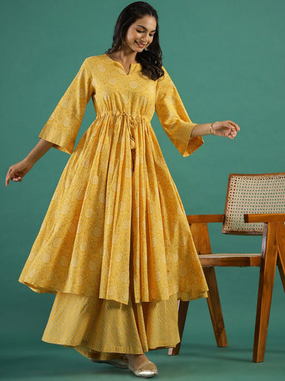 Dhiyona SN Women's Yellow Bandhani Printed Notch Neck Empire Anarkali Pure Cotton Kurta With Palazzos