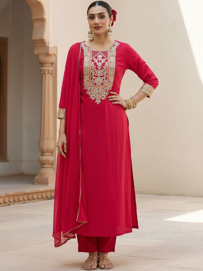 Ethnic Motifs Embroidered Thread Work Kurta With Trousers & Dupatta