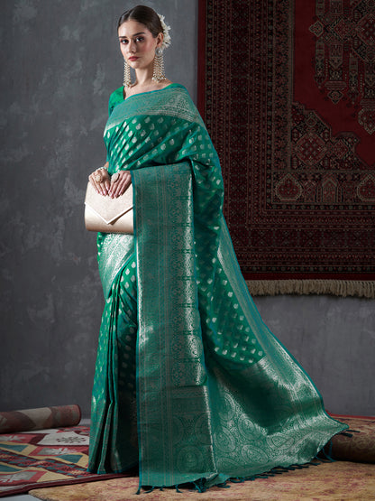 Women's Silk Blend Sea Green Woven Design Designer Saree With Blouse Piece