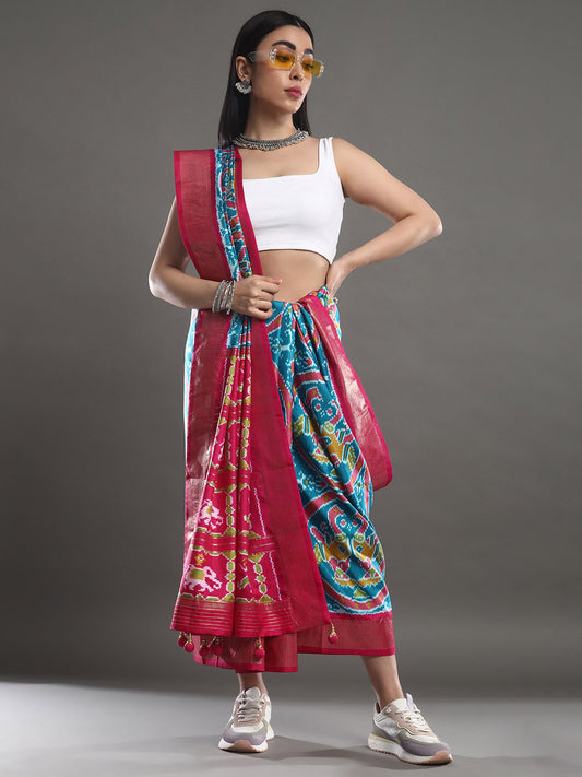 Women's Silk Blend Blue Woven Design Designer Saree With Blouse Piece