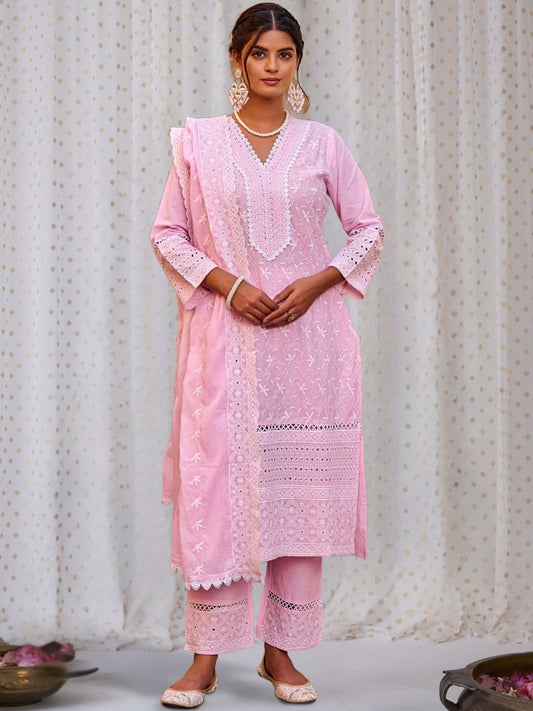 Women Ethnic Motifs Embroidered Regular Thread Work Pure Cotton Kurta with Trousers & With Dupatta