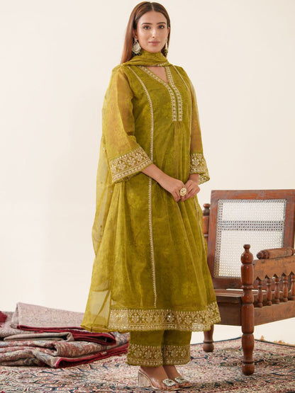 Dhiyona PD Women Ethnic Motif Woven Design Sequinned Straight Kurta With Trouser & Dupatta
