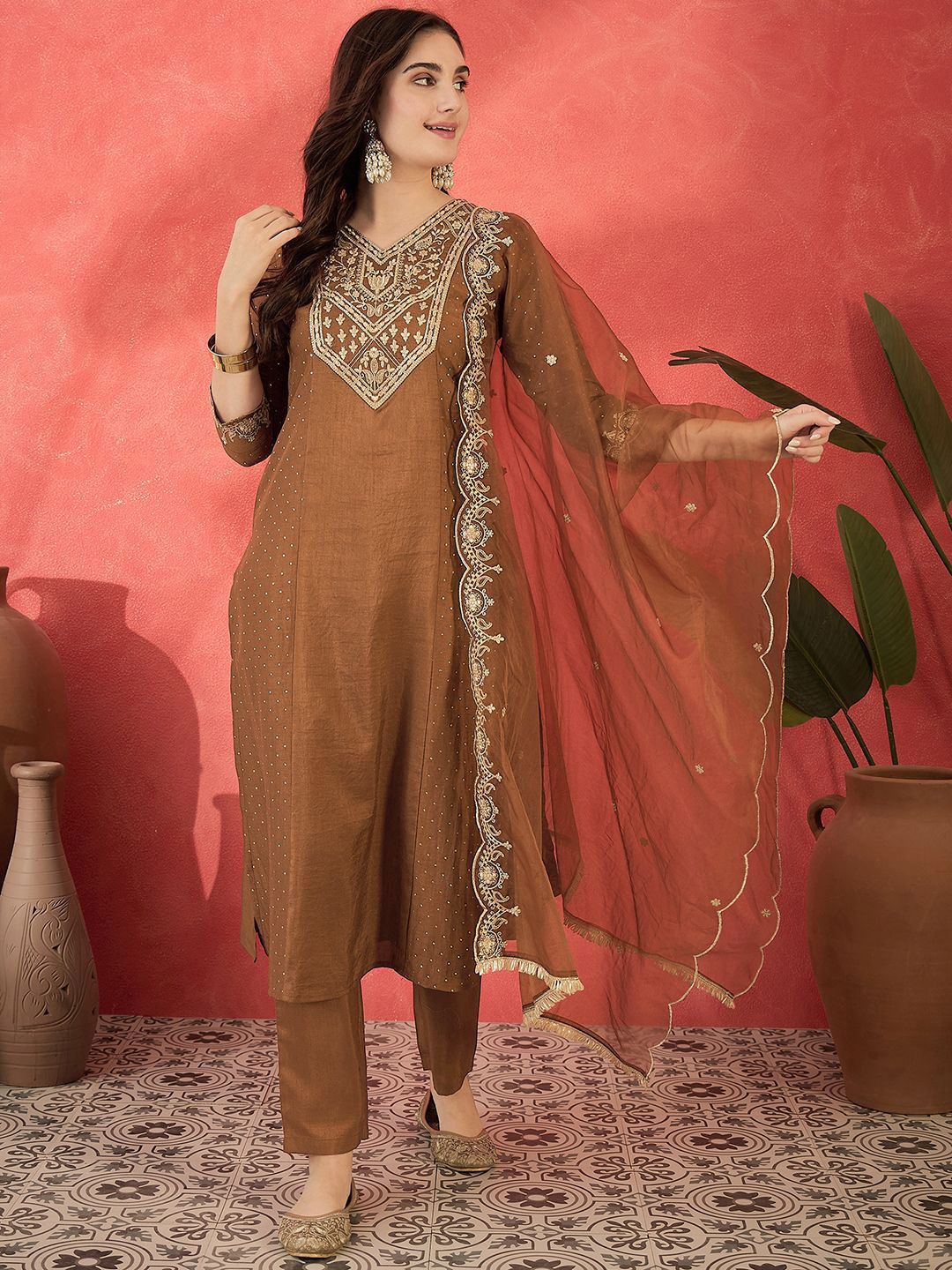 Dhiyona SN Women's Zari Sequence Printed Embroidered Straight Kurta & Trouser With Dupatta