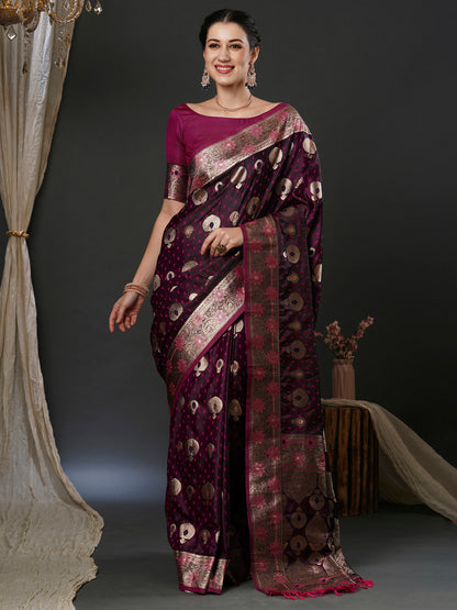 Women's Silk Blend Magenta Woven Design Designer Saree With Blouse Piece