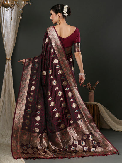 Women's Silk Blend Magenta Woven Design Designer Saree With Blouse Piece