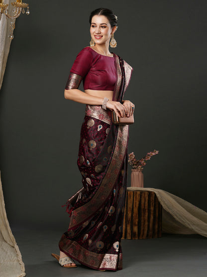 Women's Silk Blend Magenta Woven Design Designer Saree With Blouse Piece