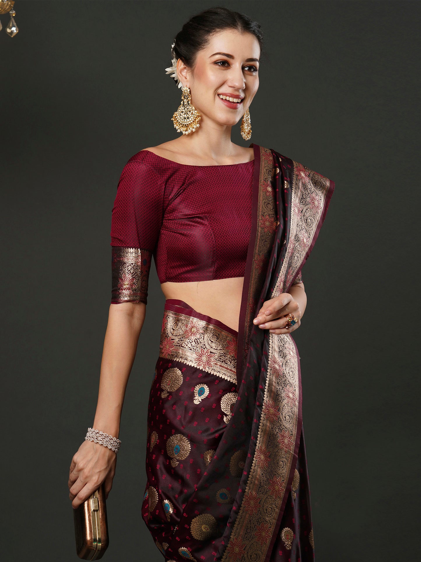 Women's Silk Blend Magenta Woven Design Designer Saree With Blouse Piece