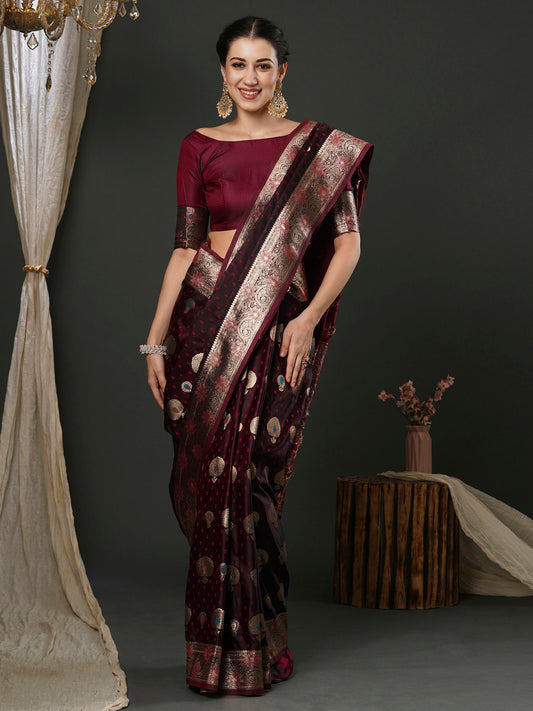Women's Silk Blend Magenta Woven Design Designer Saree With Blouse Piece