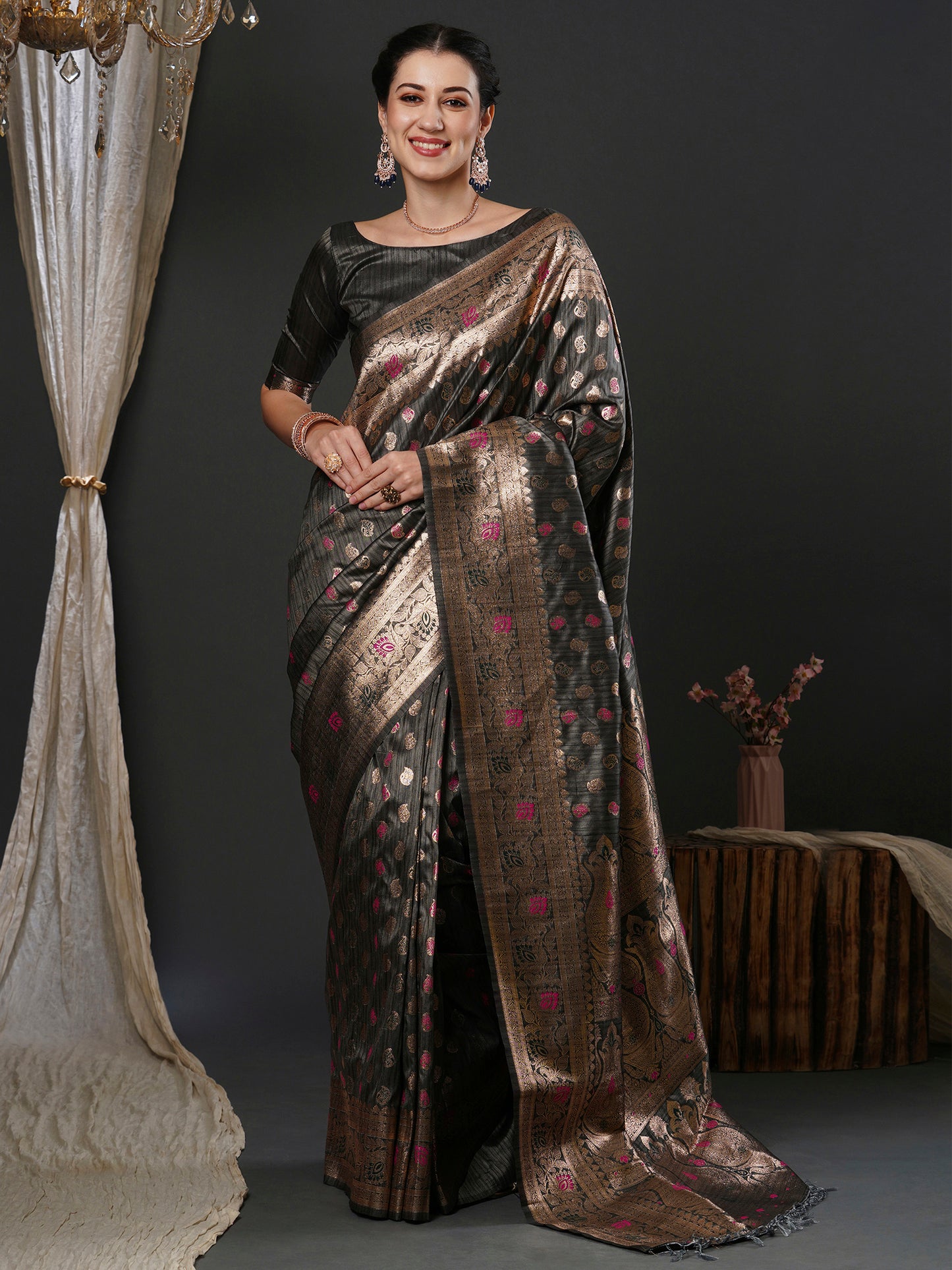 Women's Silk Blend Grey Woven Design Designer Saree With Blouse Piece