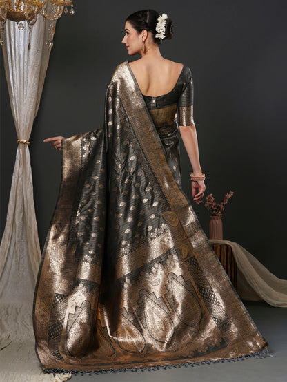 Women's Silk Blend Grey Woven Design Designer Saree With Blouse Piece