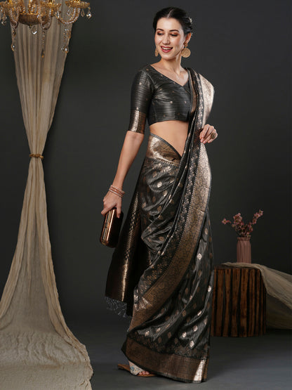Women's Silk Blend Grey Woven Design Designer Saree With Blouse Piece