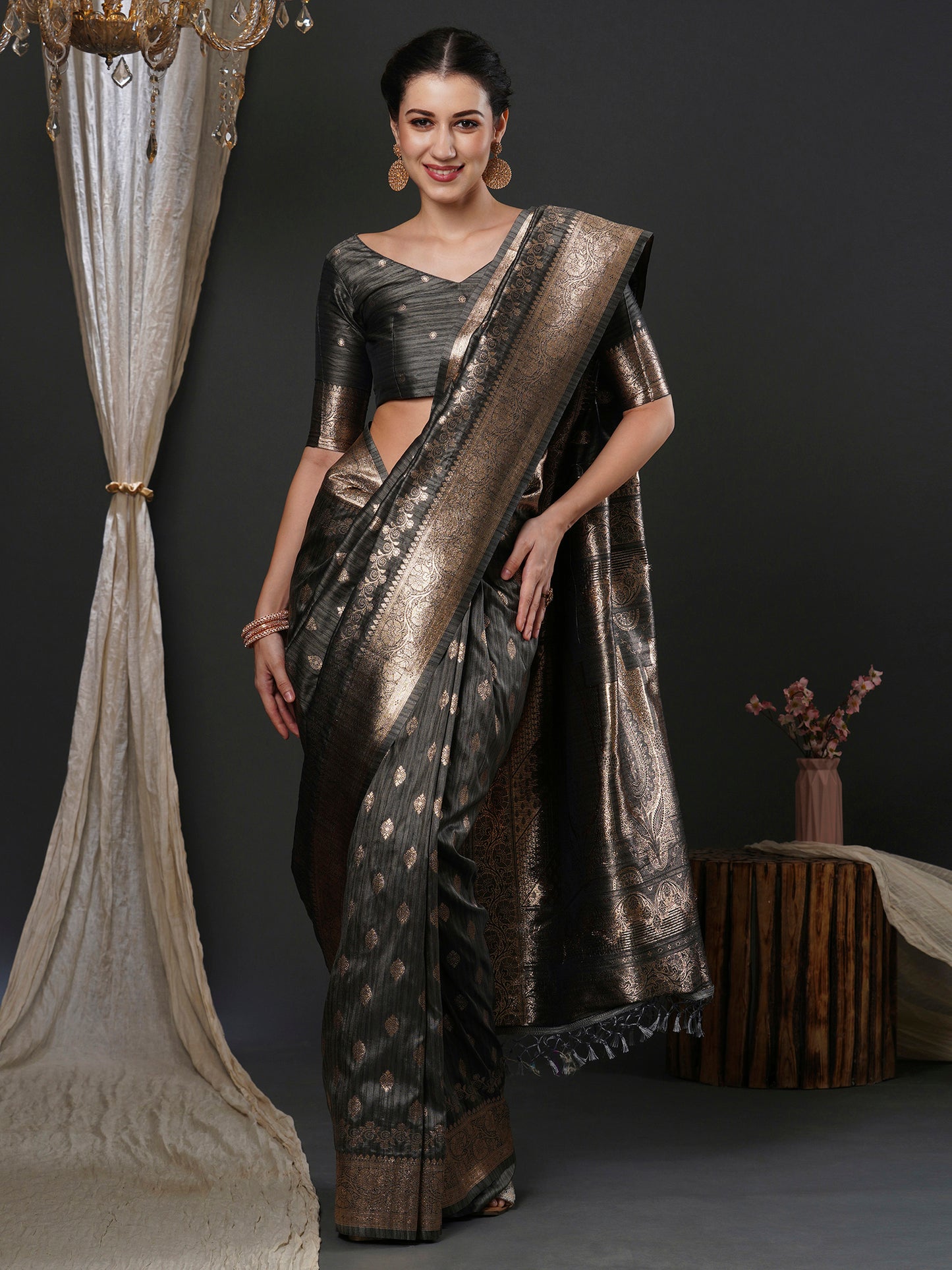 Women's Silk Blend Grey Woven Design Designer Saree With Blouse Piece