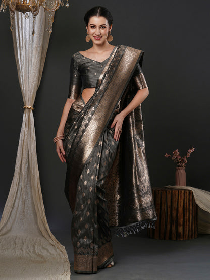 Women's Silk Blend Grey Woven Design Designer Saree With Blouse Piece