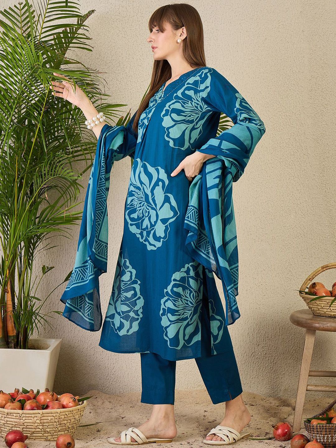 Dhiyona IE Women's Adults-Women Floral Printed Cotton A-Line Kurta with Trousers & Dupatta