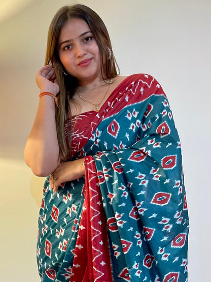 Women's Cotton Teal blue Printed Designer Saree With Blouse Piece