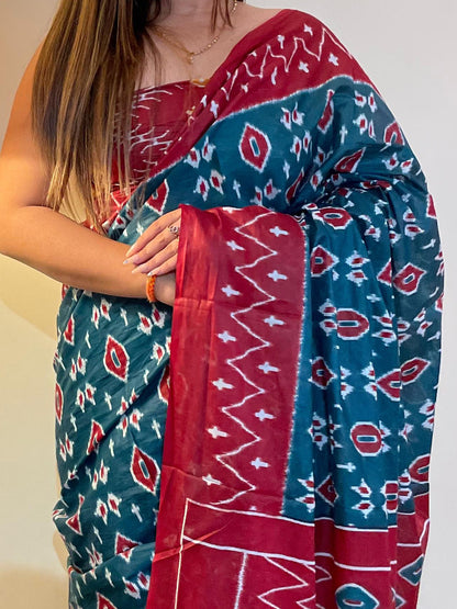 Women's Cotton Teal blue Printed Designer Saree With Blouse Piece
