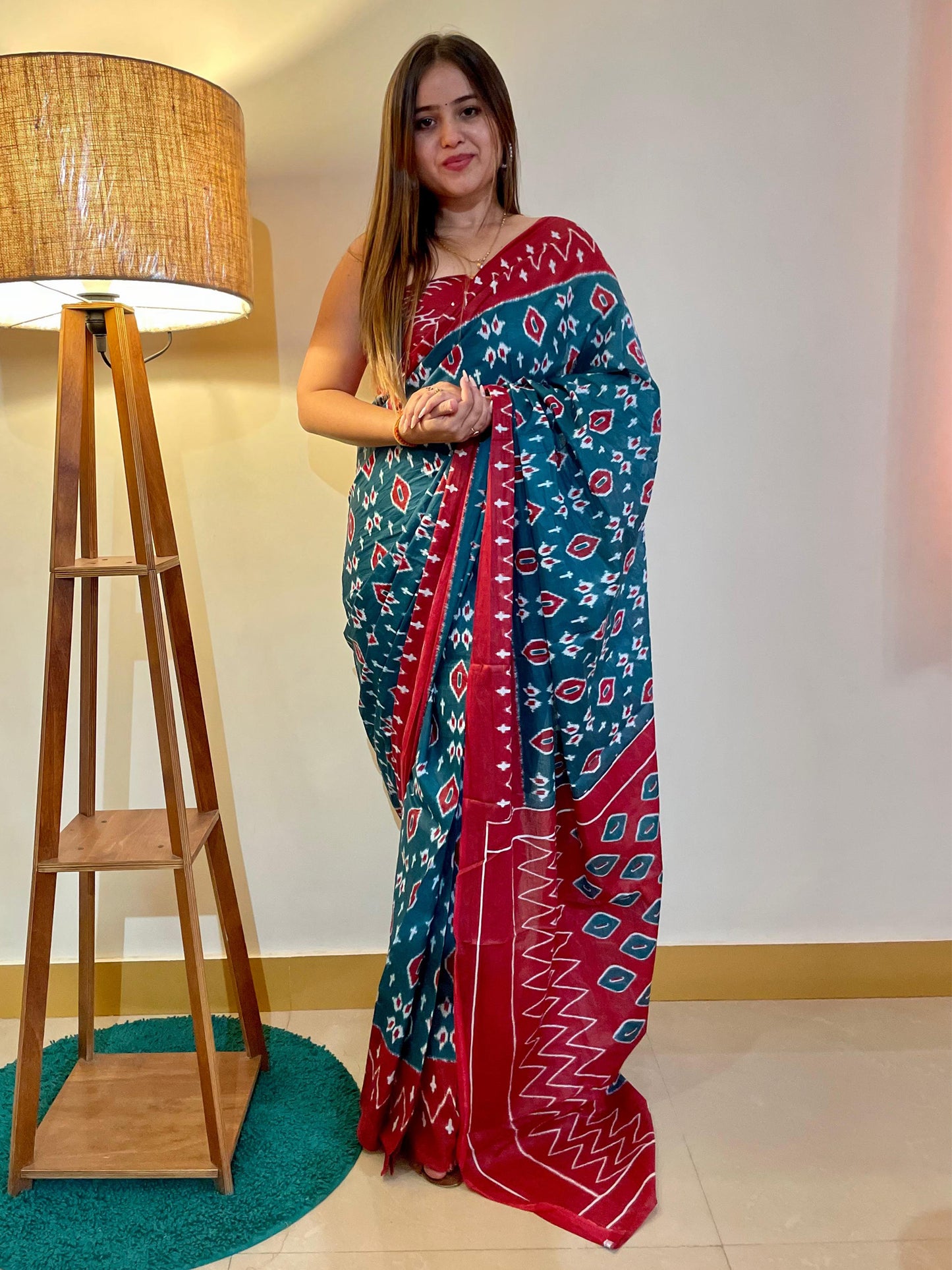 Women's Cotton Teal blue Printed Designer Saree With Blouse Piece