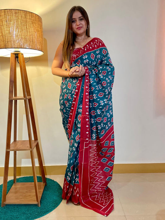 Women's Cotton Teal blue Printed Designer Saree With Blouse Piece