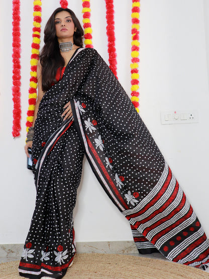 Women's Cotton Black Printed Designer Saree With Blouse Piece