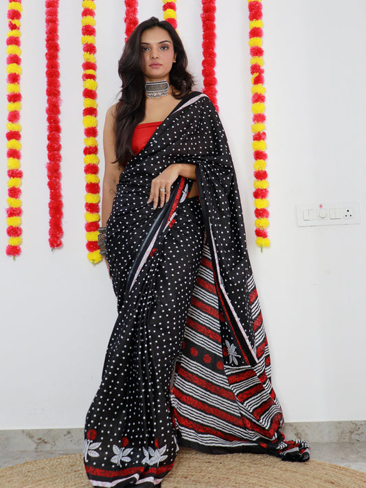 Women's Cotton Black Printed Designer Saree With Blouse Piece