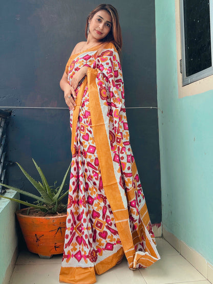 Women's Cotton Off White Printed Designer Saree With Blouse Piece