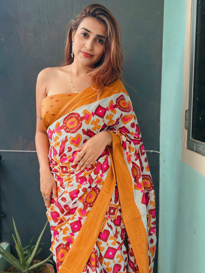 Women's Cotton Off White Printed Designer Saree With Blouse Piece