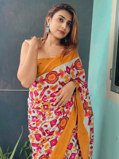 Women's Cotton Off White Printed Designer Saree With Blouse Piece