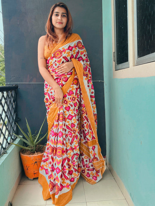 Women's Cotton Off White Printed Designer Saree With Blouse Piece