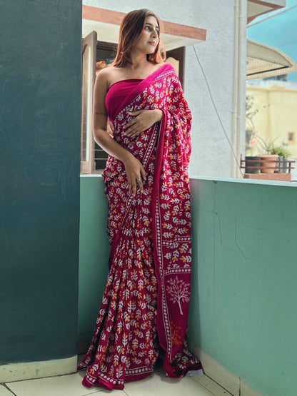 Women's Cotton Pink Printed Designer Saree With Blouse Piece