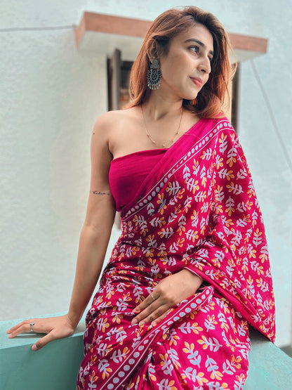 Women's Cotton Pink Printed Designer Saree With Blouse Piece