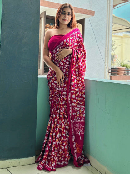 Women's Cotton Pink Printed Designer Saree With Blouse Piece