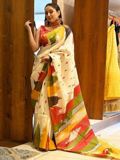 Women's Cotton cream Printed Designer Saree With Blouse Piece