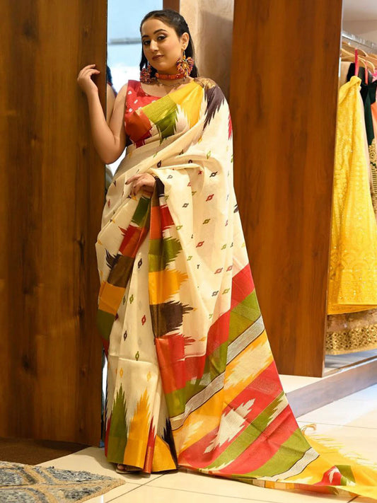 Women's Cotton cream Printed Designer Saree With Blouse Piece